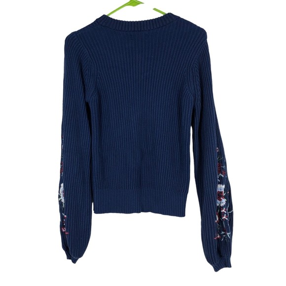 Lucky Brand Ribbed Knit Sweater w/Floral Embroidery, Puff Sleeves SZ S - Picture 2 of 7
